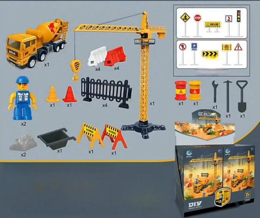 AptoFun Baufahrzeug-Serie Kran, Fahrmischer, Arbeiter mit Werkzeug und Diverse Verkehrsschilder