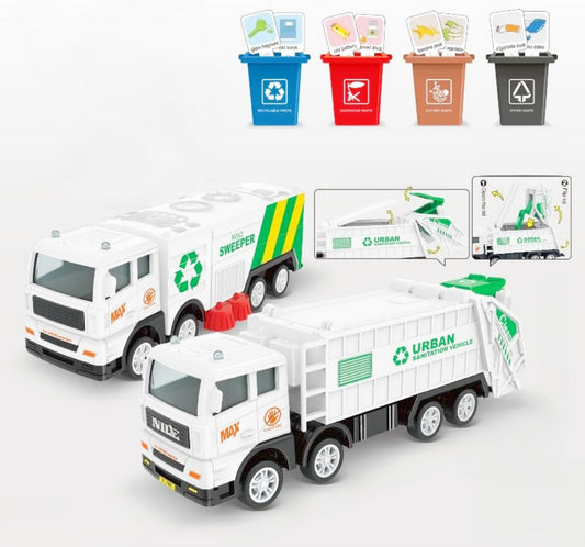 AptoFun 1:55 Müllwagen Spielzeug Set, 1X Friktionsbetriebener Müllwagen,1X Friktionsbetriebene Road Sweeper mit 4X Mini Mülleimern